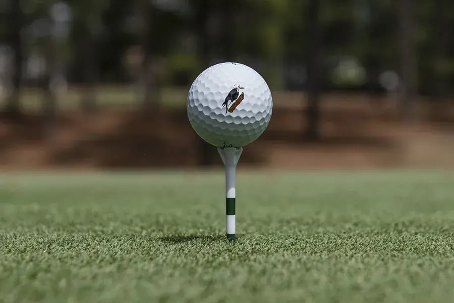closeup of forest creek logo on golf ball sitting on tee