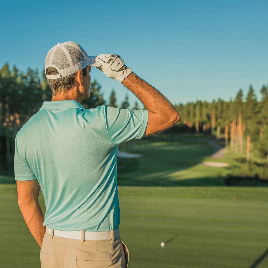 A player looks over the golf course, the heat clearly oppressive.