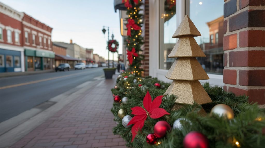 Close-up of festive holiday greenery, ornaments, and a gold decorative tree along a brick storefront in a charming downtown street.