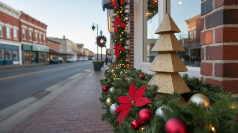 Close-up of festive holiday greenery, ornaments, and a gold decorative tree along a brick storefront in a charming downtown street.