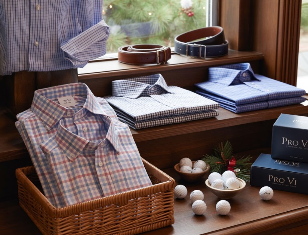 A display of folded men’s dress shirts, leather belts, and Pro V1 golf balls arranged on wooden shelving with holiday greenery in the Forest Creek Golf Shop.
