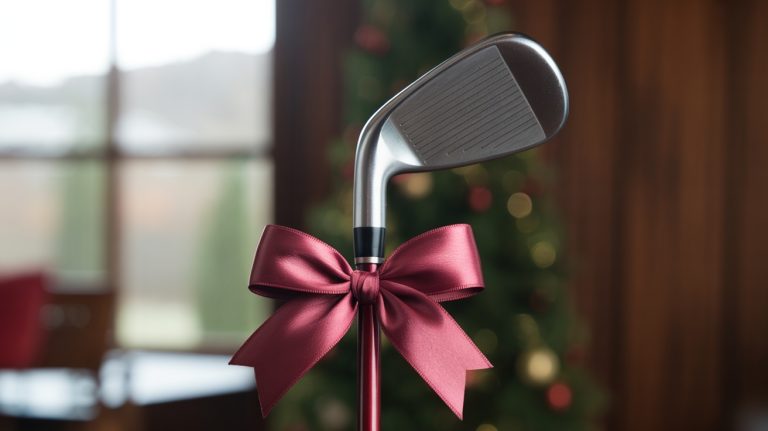 A golf club with a deep red holiday bow tied around the shaft, displayed indoors with a softly blurred Christmas tree in the background.